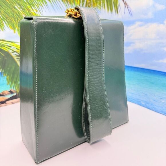 Paloma Picasso Vintage Green Leather Structured Handbag w/ Gold Chain Accent - Picture 4 of 14